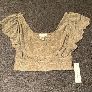 Urban Romantics Crop Top Women's Medium Green Flutter Sleeve Coquette Preppy NWT